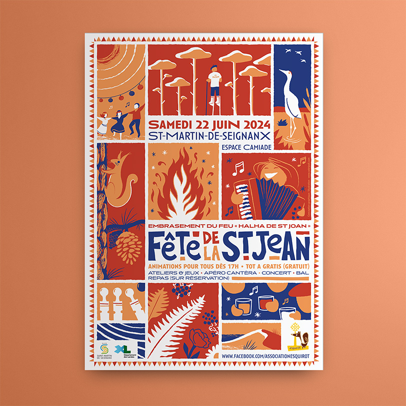 Association Esquirot, fâte de la saint-jean, illustration, manifestation, affiche, flyer, Sébastien ripoll, graphiste, illustrateur, Bordeaux, ecureuil, feu, landes, pigne, echassier, grue, dune, plage, saint martin de seignanx