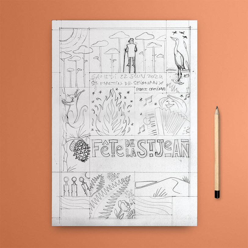 Association Esquirot, fâte de la saint-jean, illustration, manifestation, affiche, flyer, Sébastien ripoll, graphiste, illustrateur, Bordeaux, ecureuil, feu, landes, pigne, echassier, grue, dune, plage, saint martin de seignanx