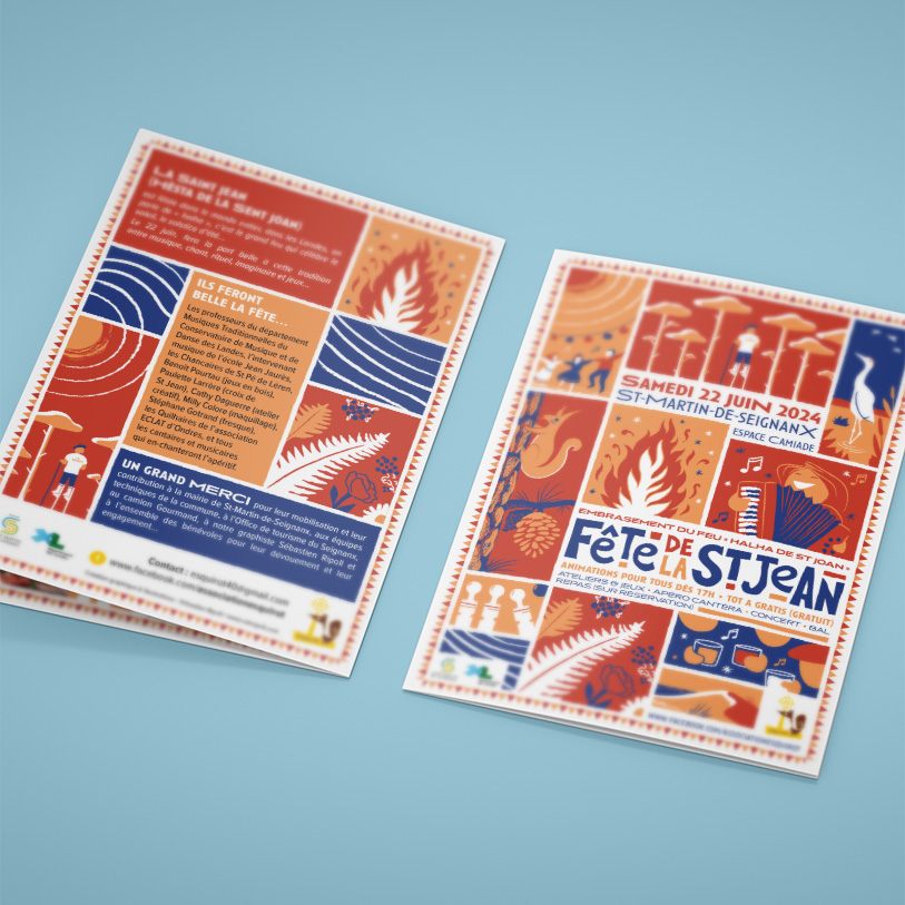 Association Esquirot, fâte de la saint-jean, illustration, manifestation, affiche, flyer, Sébastien ripoll, graphiste, illustrateur, Bordeaux, ecureuil, feu, landes, pigne, echassier, grue, dune, plage, saint martin de seignanx