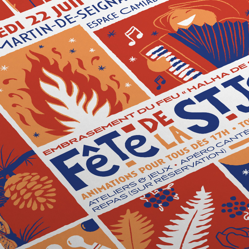 Association Esquirot, fâte de la saint-jean, illustration, manifestation, affiche, flyer, Sébastien ripoll, graphiste, illustrateur, Bordeaux, ecureuil, feu, landes, pigne, echassier, grue, dune, plage, saint martin de seignanx