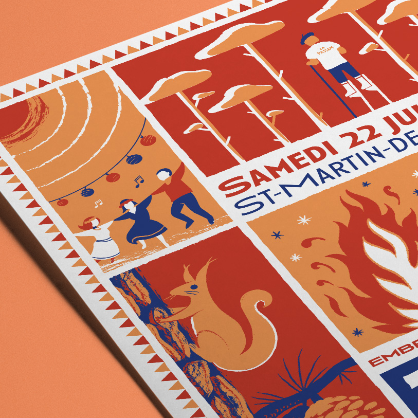 Association Esquirot, fâte de la saint-jean, illustration, manifestation, affiche, flyer, Sébastien ripoll, graphiste, illustrateur, Bordeaux, ecureuil, feu, landes, pigne, echassier, grue, dune, plage, saint martin de seignanx