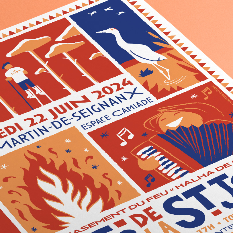 Association Esquirot, fâte de la saint-jean, illustration, manifestation, affiche, flyer, Sébastien ripoll, graphiste, illustrateur, Bordeaux, ecureuil, feu, landes, pigne, echassier, grue, dune, plage, saint martin de seignanx