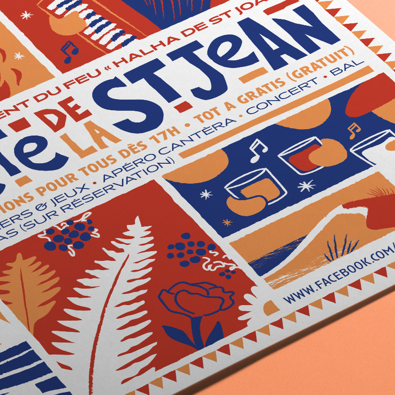 Association Esquirot, fâte de la saint-jean, illustration, manifestation, affiche, flyer, Sébastien ripoll, graphiste, illustrateur, Bordeaux, ecureuil, feu, landes, pigne, echassier, grue, dune, plage, saint martin de seignanx